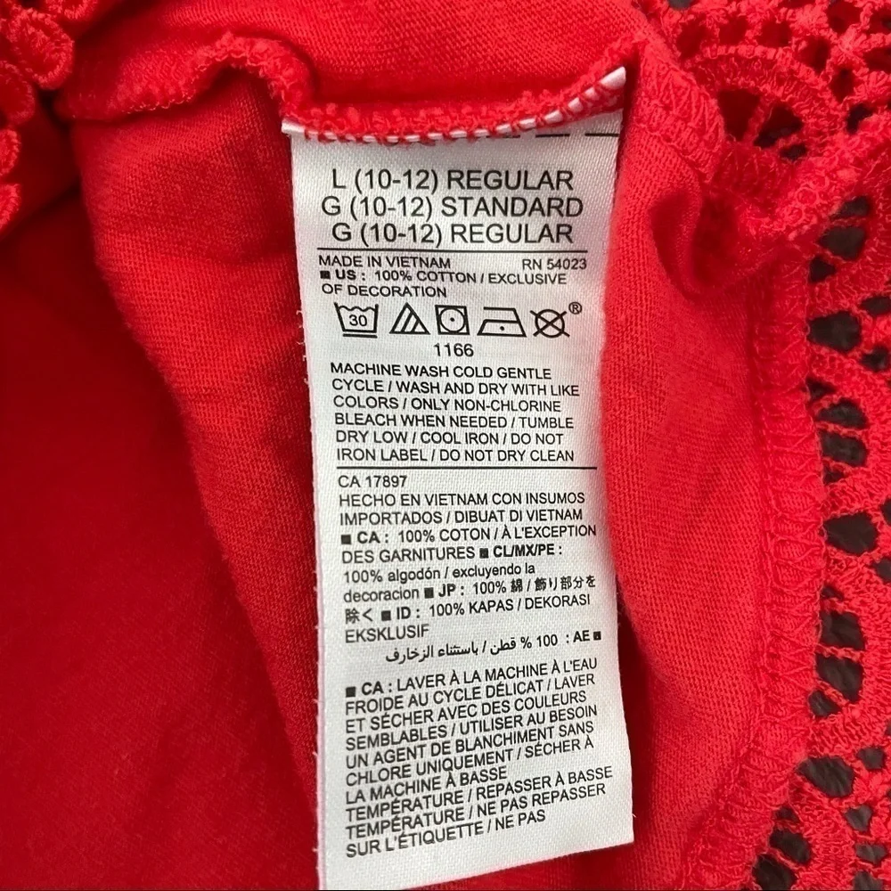 Old Navy Girls Red 3/4 Sleeve Hi-Low Top Crochet Lace Hem Size Large 10-12